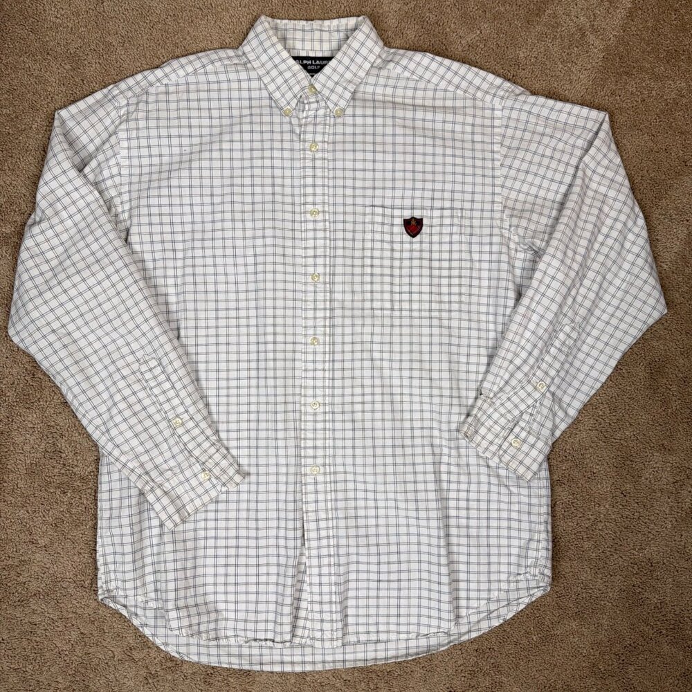 Ralph Lauren Golf Shirt Mens L White Plaid Button Down Logo Crest Classic Preppy